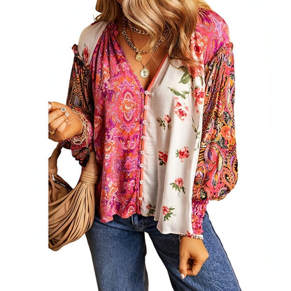 Floral print fashion dress shirt for women by Carmine Juneberry, featuring a stylish blouse with vibrant floral patterns.