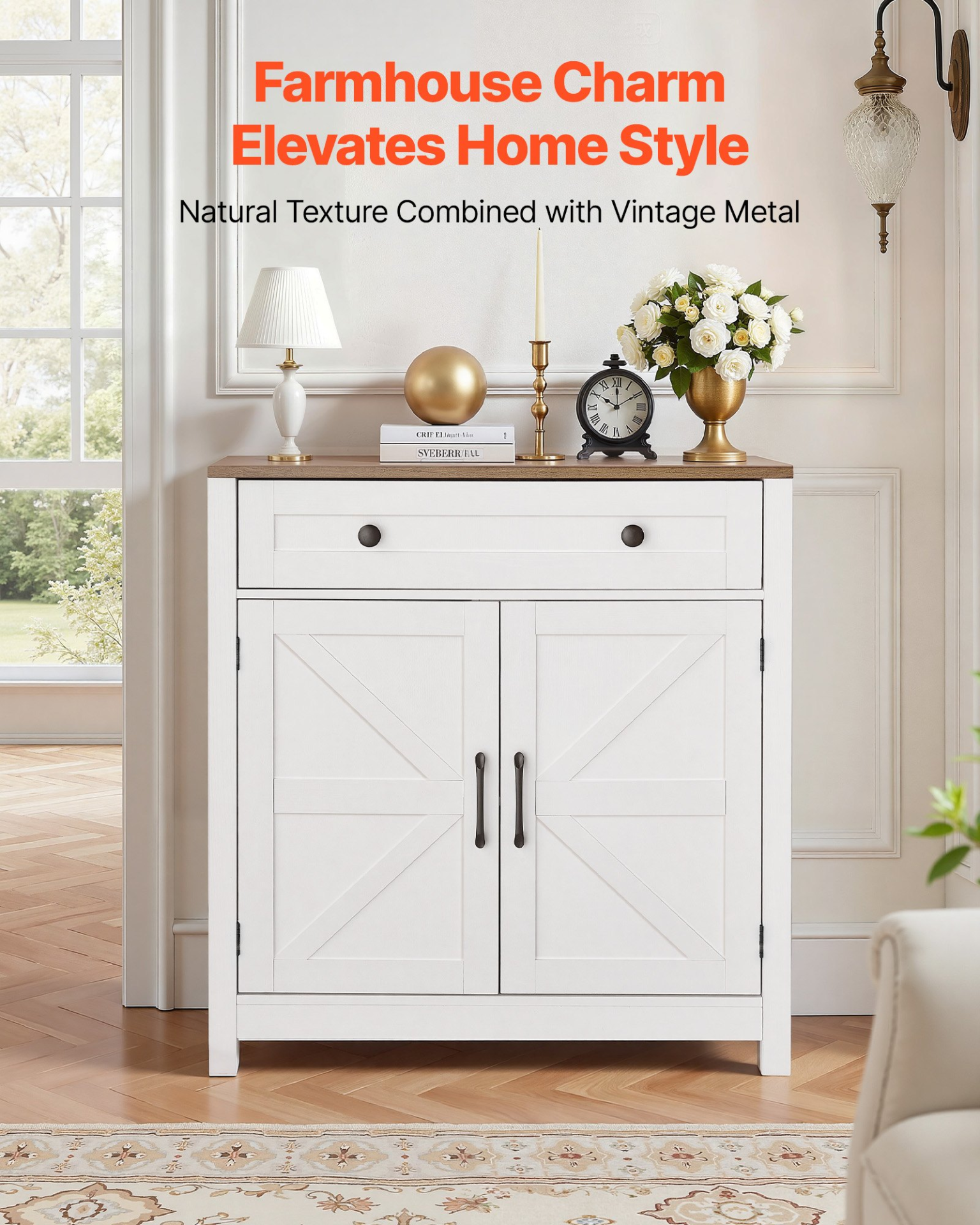 White farmhouse coffee bar cabinet with barn doors, drawer, and sideboard design, ideal for living room, entryway, or kitchen.