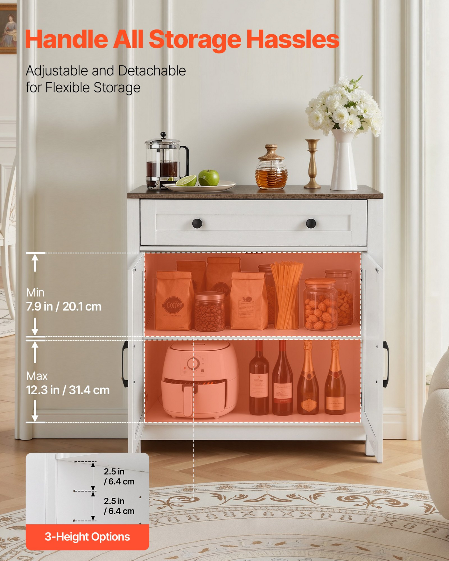 White farmhouse coffee bar cabinet with two barn doors, drawer, and sideboard stand for living room, kitchen, or entryway.
