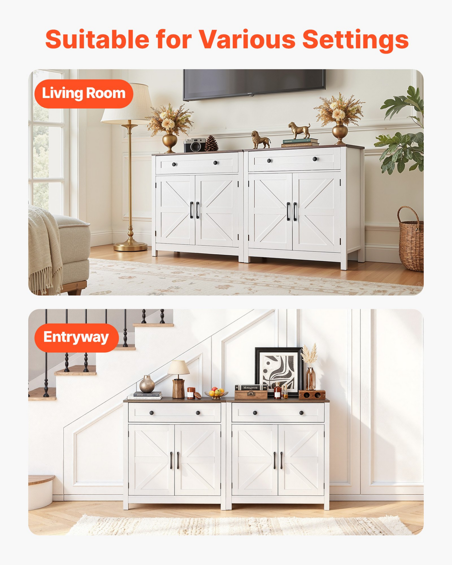 White VEVOR farmhouse coffee bar cabinet with drawer, barn door storage, ideal for living room, entryway, or kitchen.