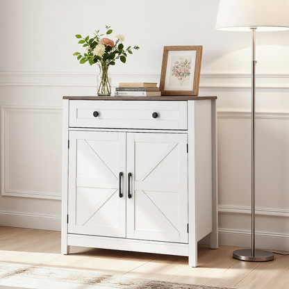White VEVOR farmhouse coffee bar cabinet with two barn doors, drawer, and sideboard storage for living room or kitchen.