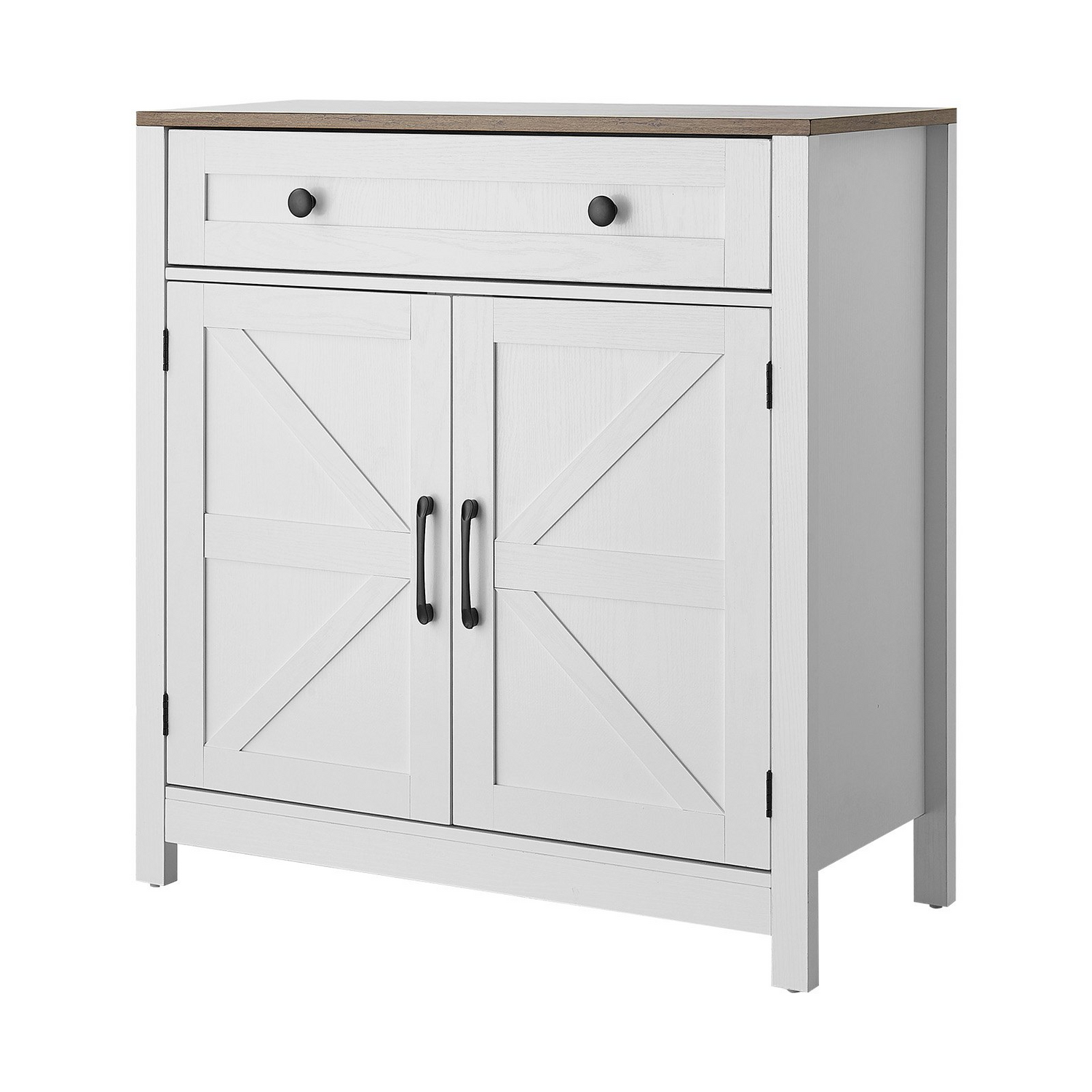 White farmhouse coffee bar cabinet with two barn doors, drawer, and storage space for living room, kitchen, or entryway.