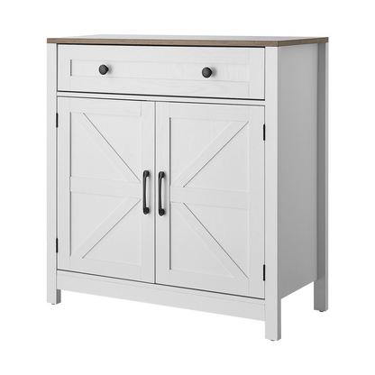 White farmhouse coffee bar cabinet with two barn doors, drawer, and storage space for living room, kitchen, or entryway.