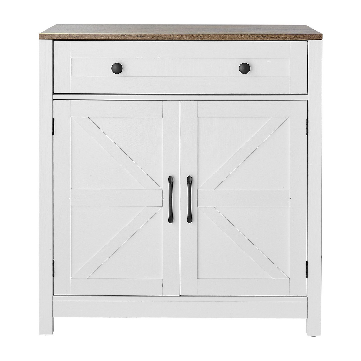 White farmhouse coffee bar cabinet with two barn doors, drawer, and sideboard stand for living room or kitchen storage.