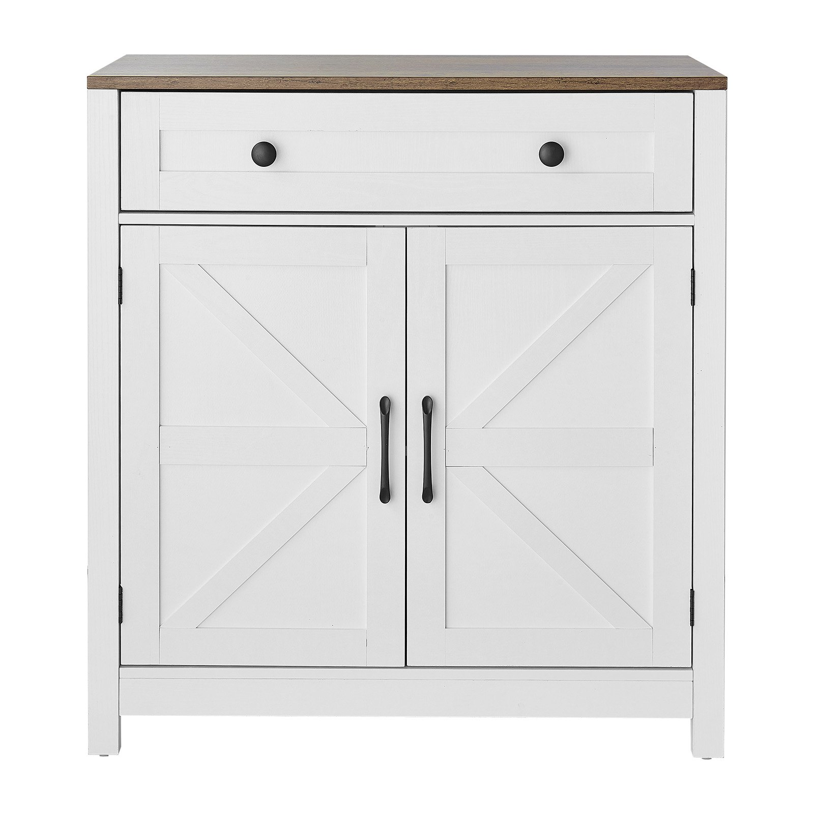 White farmhouse coffee bar cabinet with two barn doors, drawer, and sideboard stand for living room or kitchen storage.