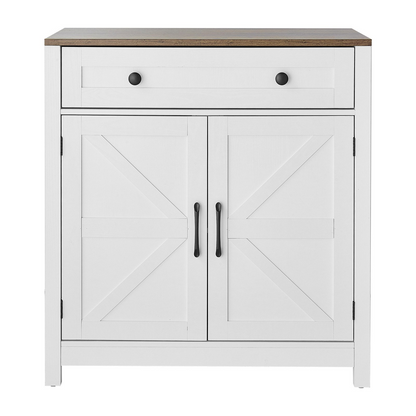 White farmhouse coffee bar cabinet with two barn doors, drawer, and sideboard stand for living room or kitchen storage.