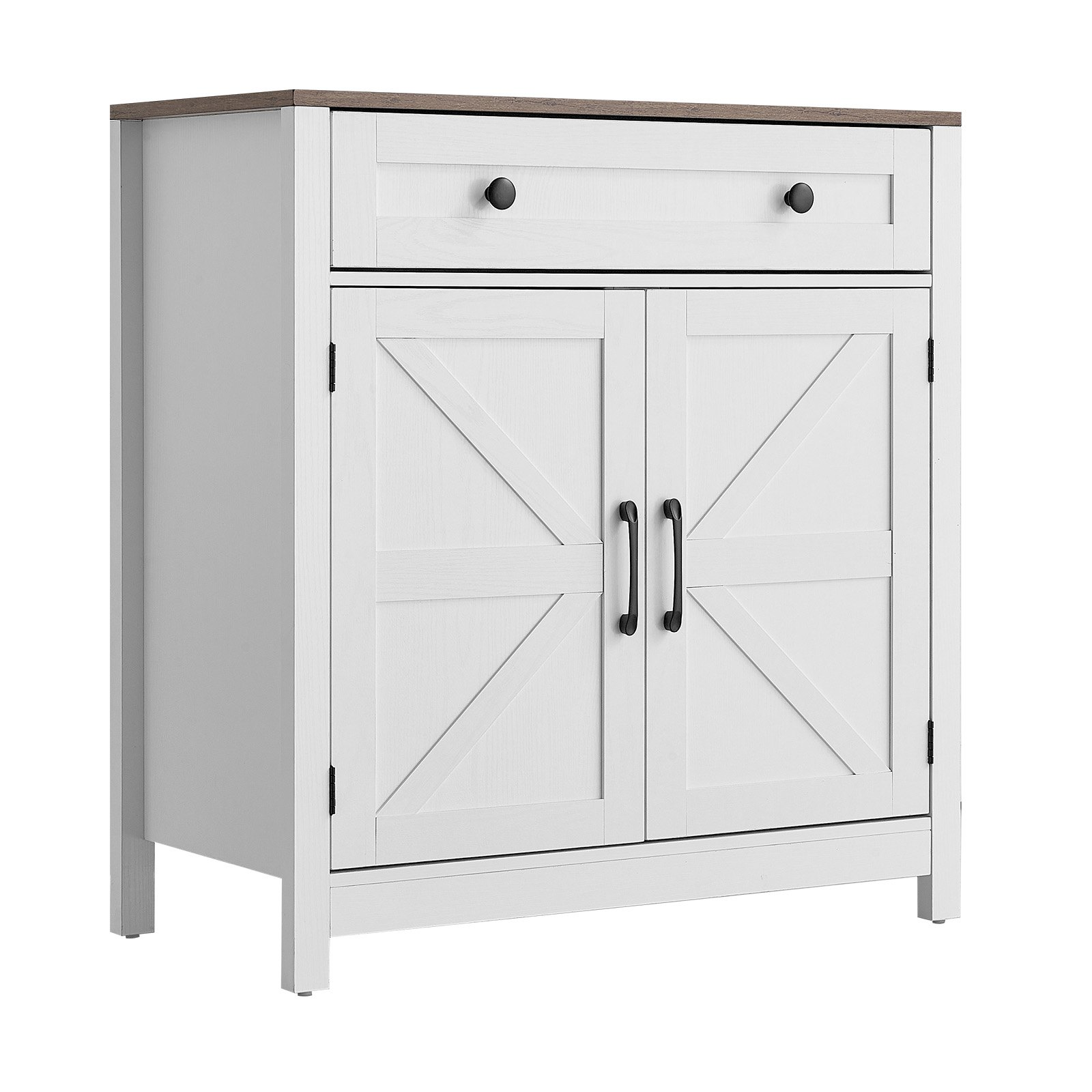 White VEVOR coffee bar cabinet with barn doors, drawer, and storage for living room, entryway, or kitchen.