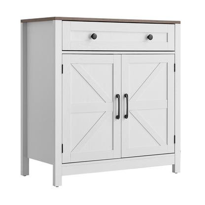 White VEVOR coffee bar cabinet with barn doors, drawer, and storage for living room, entryway, or kitchen.