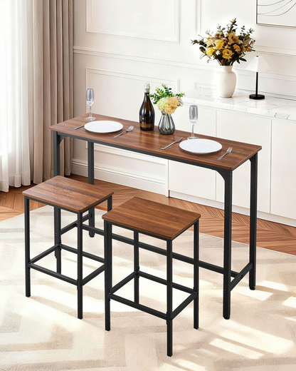 Rustic brown and black VEVOR 3-piece bar table set with stools, rounded edges, ideal for office, breakfast, or mini bar spaces.