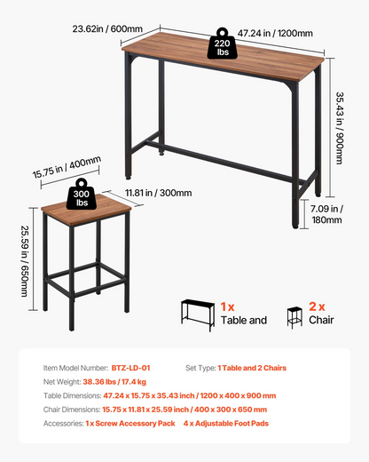 Rustic brown and black VEVOR 3-piece bar table set with stools, rounded edges, ideal for office, breakfast, or mini bar areas.