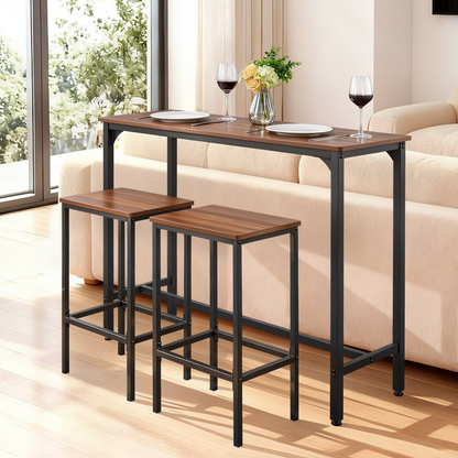 Rustic brown and black VEVOR 3-piece bar table set with stools, featuring rounded edge design for office, breakfast, or mini bar use.