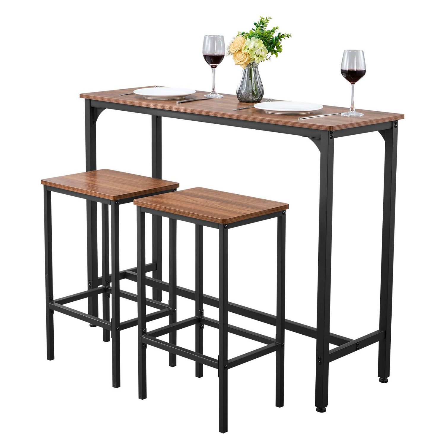 Start2Finish VEVOR 3-piece bar table set with two stools, rustic brown and black, featuring rounded edges for office or breakfast use.
