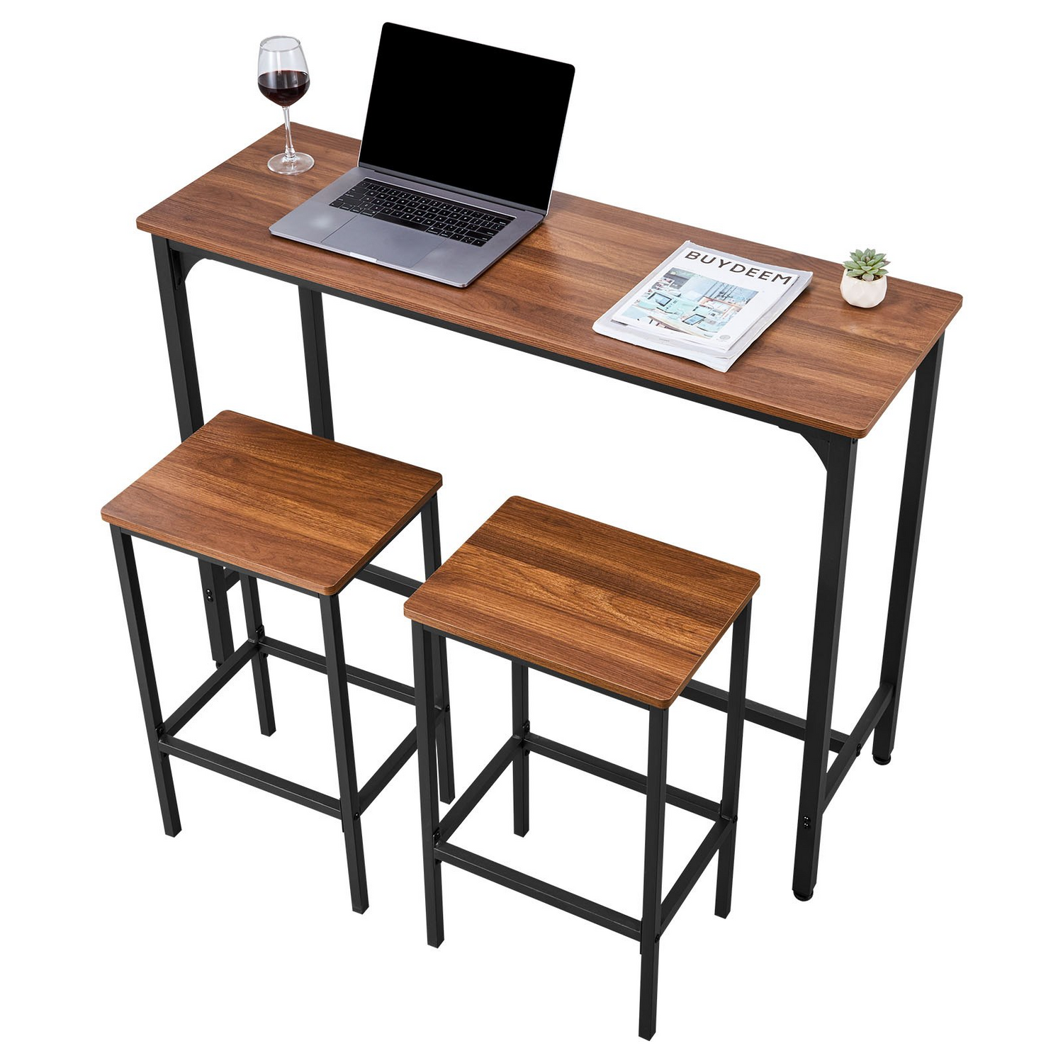 Start2Finish VEVOR 3-piece bar table set with rounded edges, includes rectangular pub table and two stools in rustic brown and black.