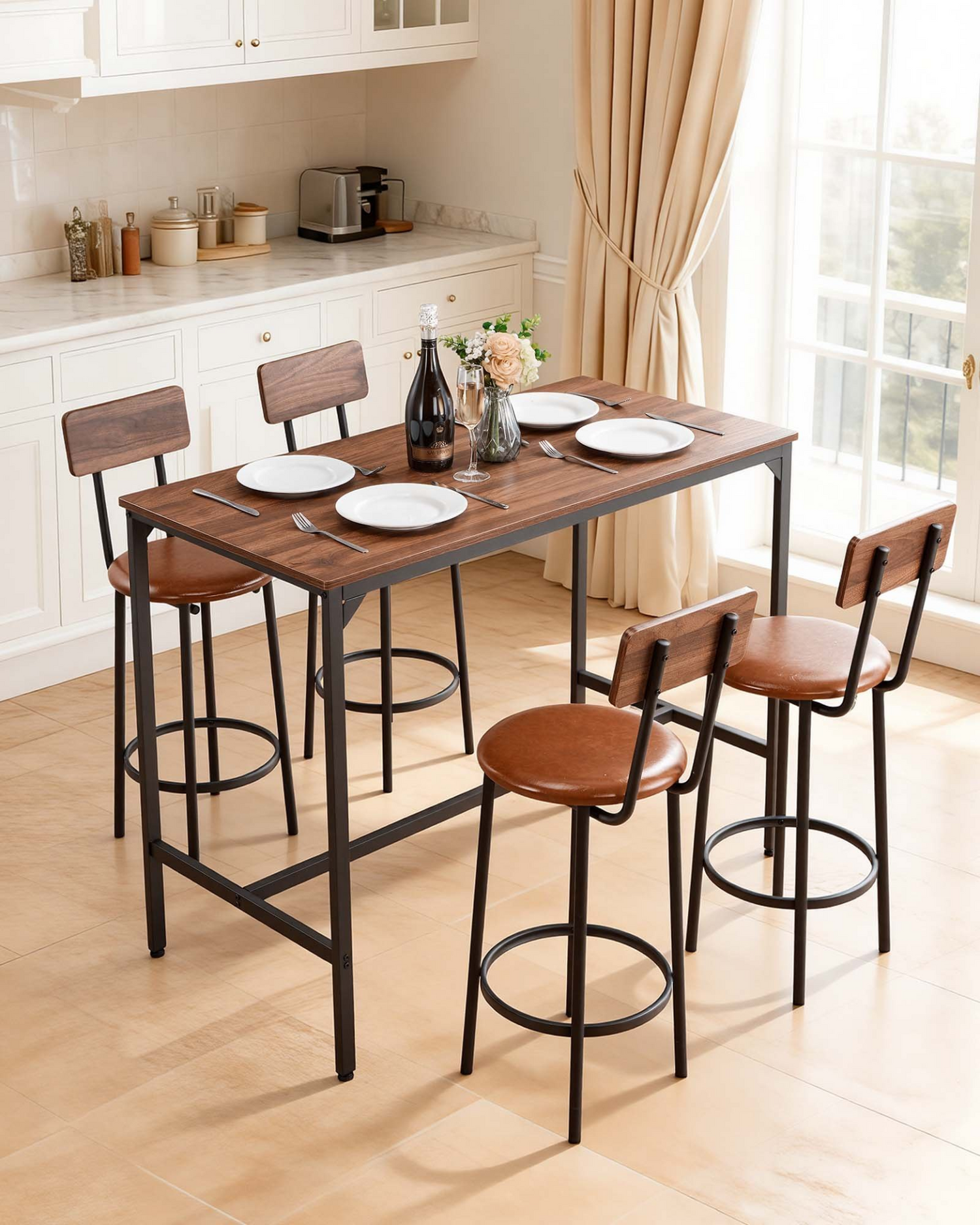 Set of five walnut-colored bar tables and four black stools with rounded edges, suitable for living, dining, or kitchen areas.