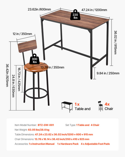 Start2Finish VEVOR 5-piece walnut and black bar table set with four stools, rounded edge pub tables for living, dining, or kitchen.