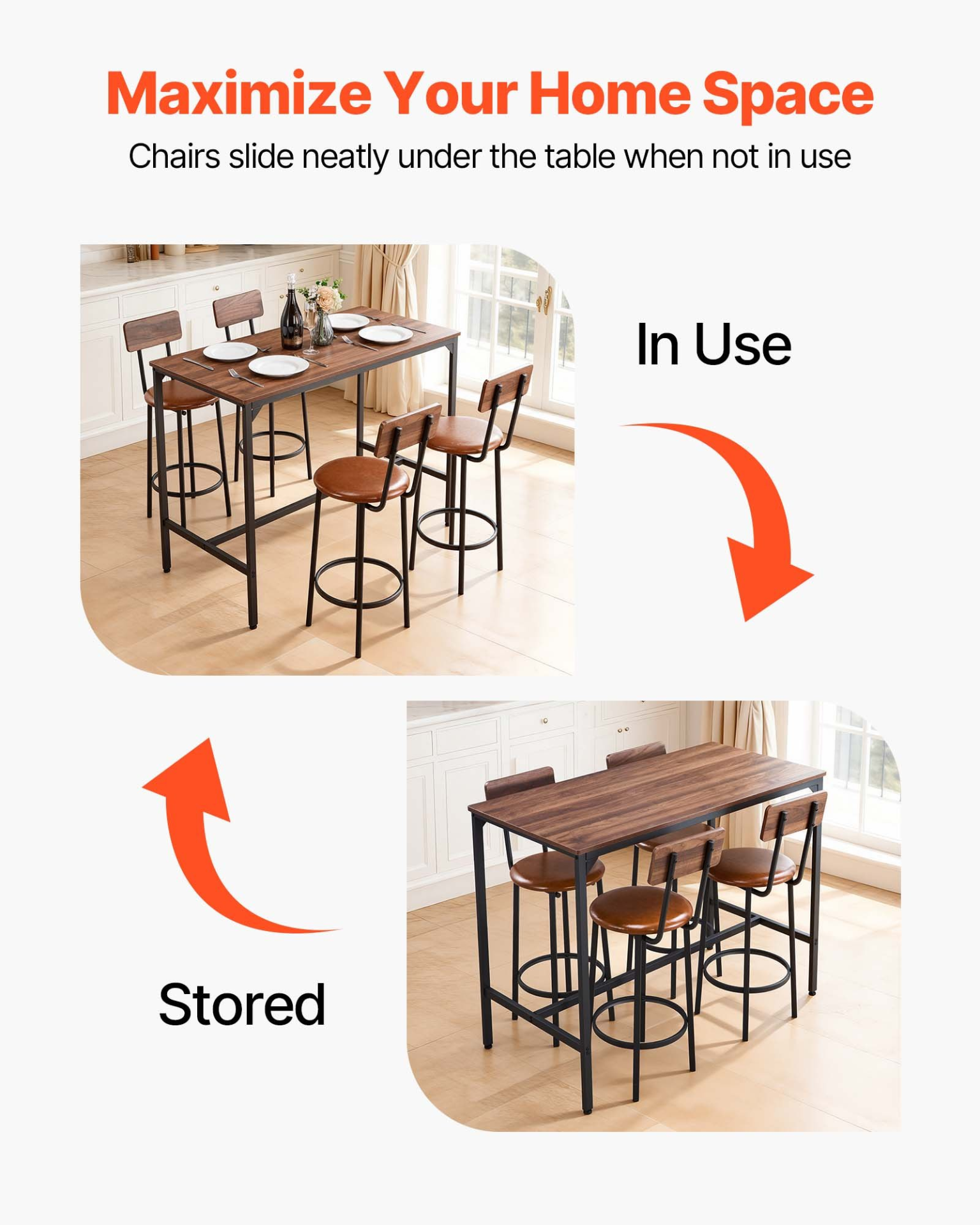Vevor 5-piece bar table set with four stools, walnut finish, black metal frames, rounded edges, ideal for living, dining, or kitchen.