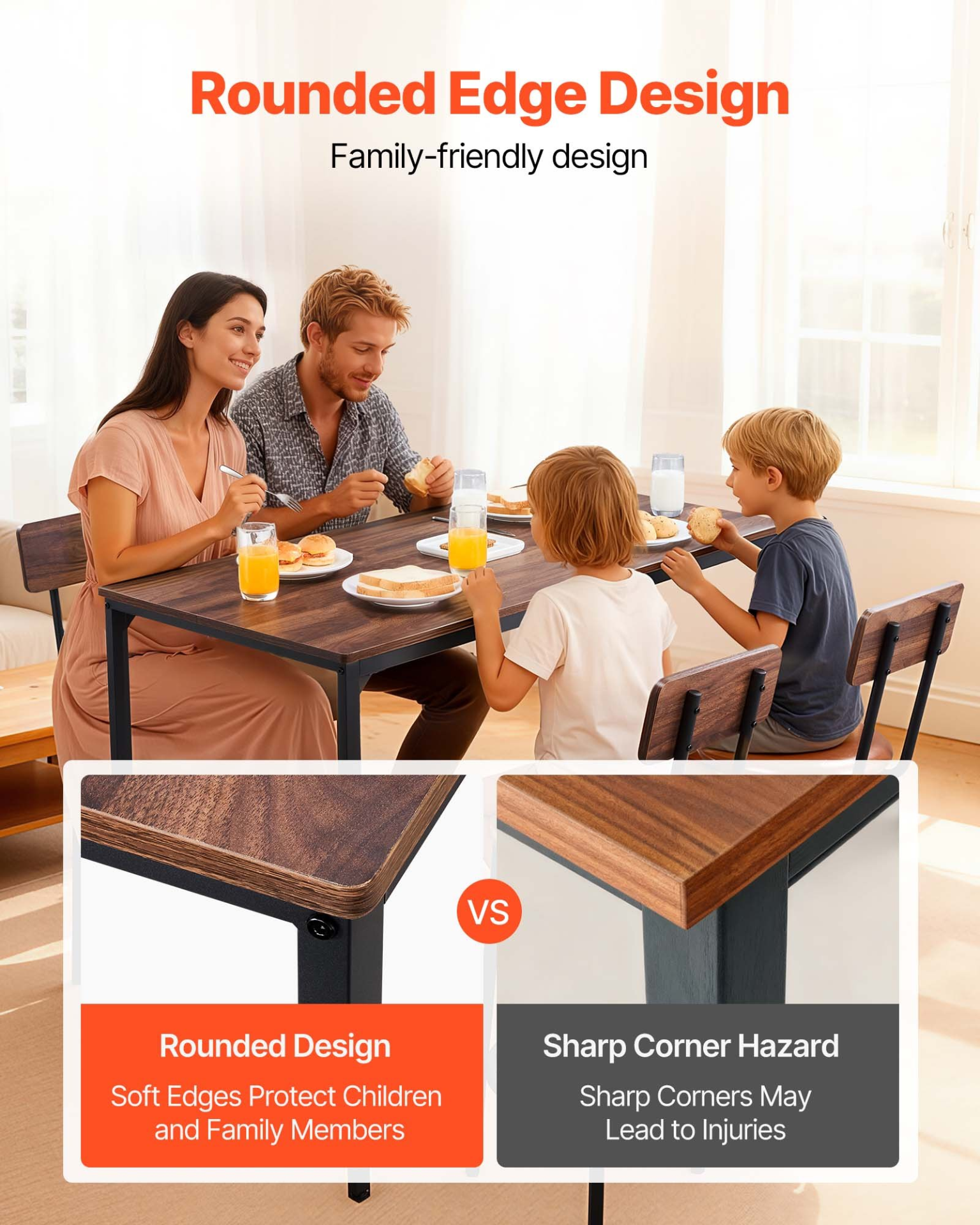 Set of five walnut-colored VEVOR bar tables and four black stools with rounded edges, ideal for living or dining spaces.
