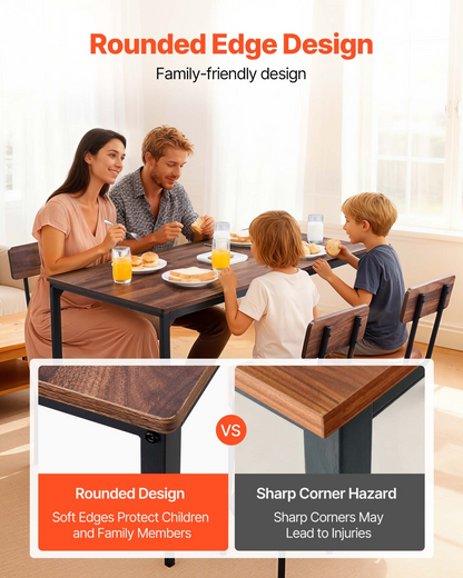 Set of five walnut-colored VEVOR bar tables and four black stools with rounded edges, ideal for living or dining spaces.