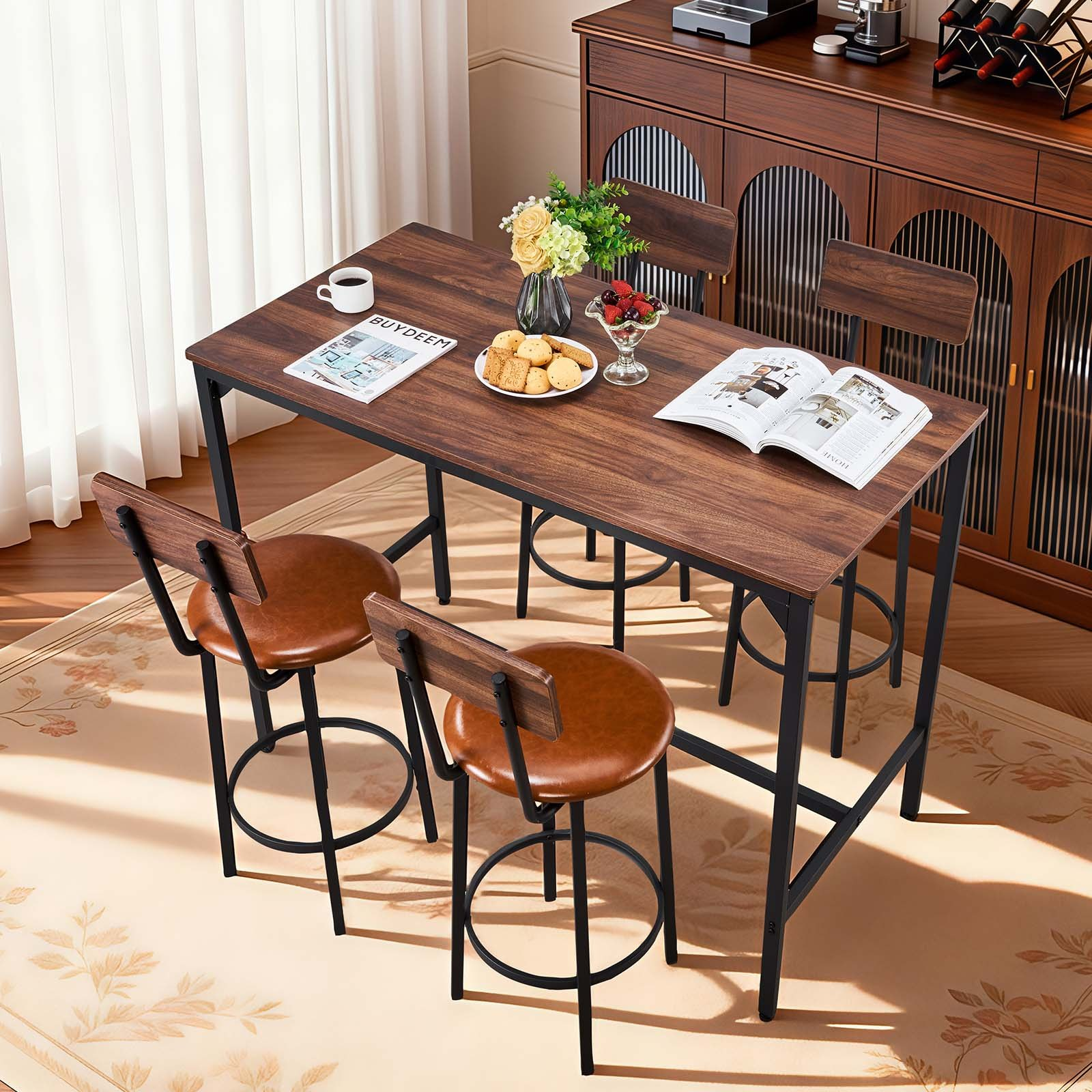 Start2Finish VEVOR 5-piece walnut and black bar table set with four stools, rounded edge pub tables for living or dining rooms.