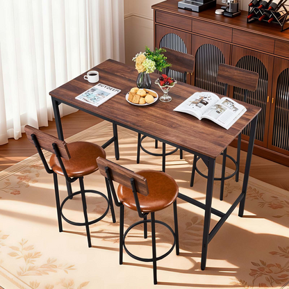 Start2Finish VEVOR 5-piece walnut and black bar table set with four stools, rounded edge pub tables for living or dining rooms.