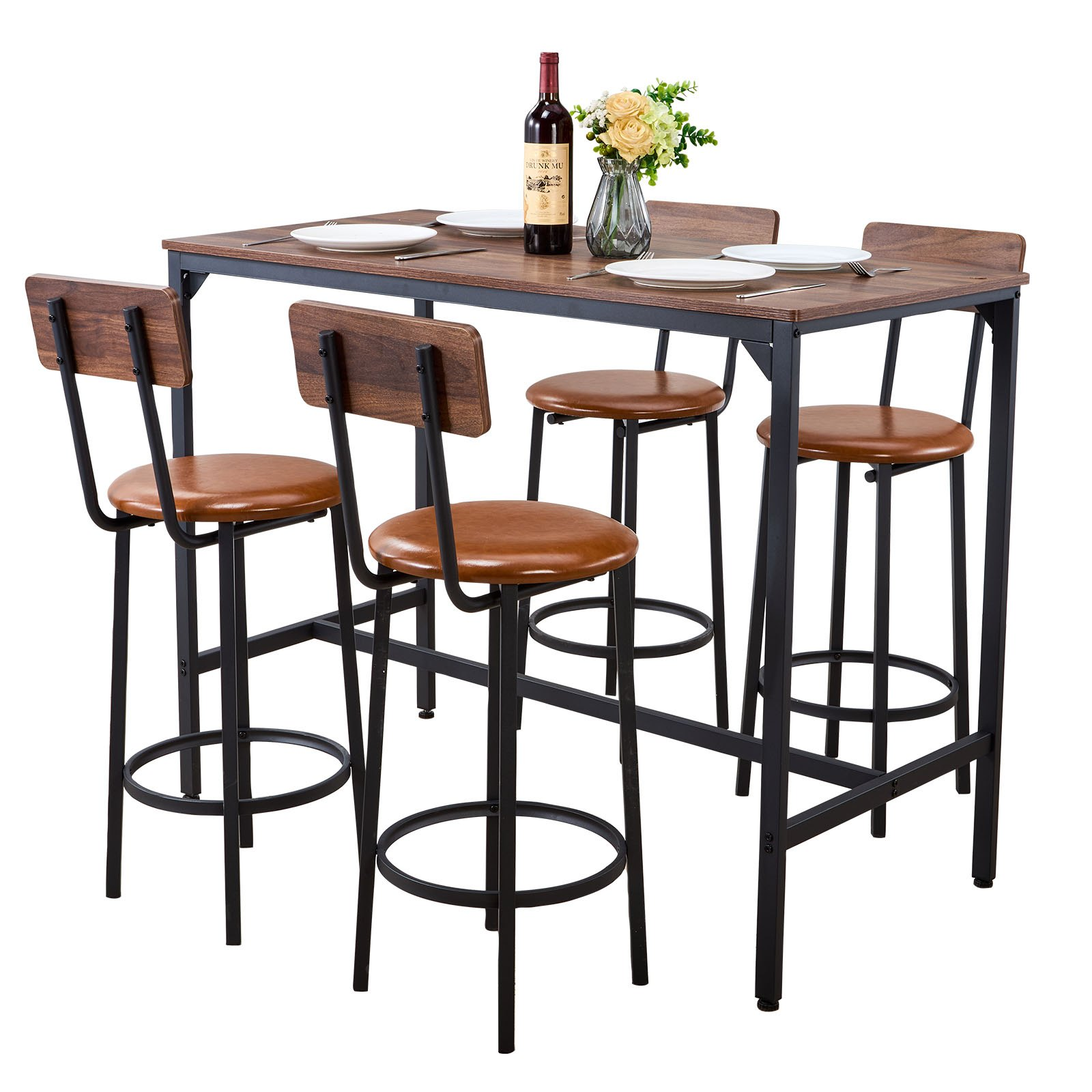 Start2Finish VEVOR 5-piece bar table set with four stools, walnut color, black finish, rounded edges, ideal for living or dining rooms.
