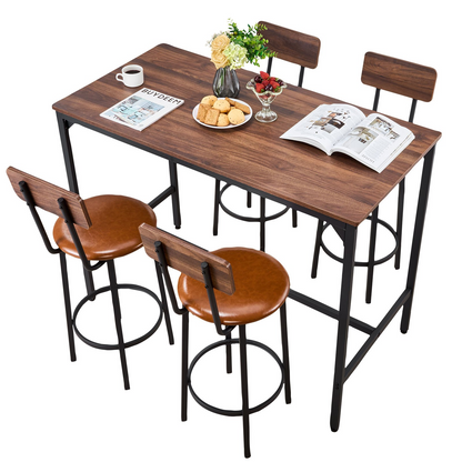Set of five walnut-colored VEVOR bar tables and four matching stools with rounded edges, ideal for living, dining, or kitchen spaces.