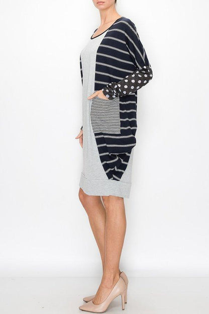 Yellow Hera color block long sleeve dress with pocket, featuring a stylish design and casual fit, perfect for everyday wear.