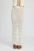 Automotive fitted crochet maxi skirt with slit by Jade Icarus, featuring intricate crochet details and a stylish slit design.