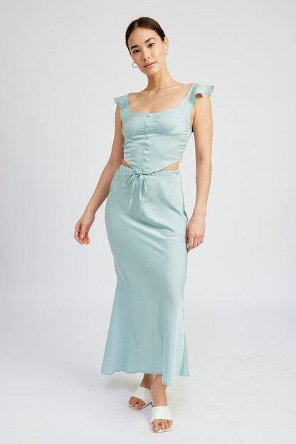 Automotive Jade Icarus satin midi skirt with tie-front design, showcasing smooth fabric and elegant style.