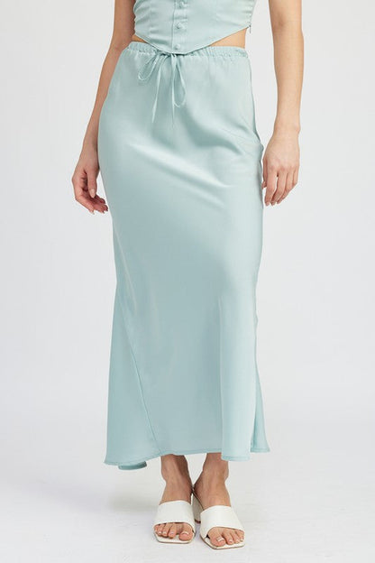 Automotive Jade Icarus satin midi skirt with tie-front design, showcased in a stylish, close-up view of the fabric and detailing.