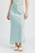 Automotive Jade Icarus satin midi skirt with tie-front design, showcased in a stylish, close-up view of the fabric and detailing.