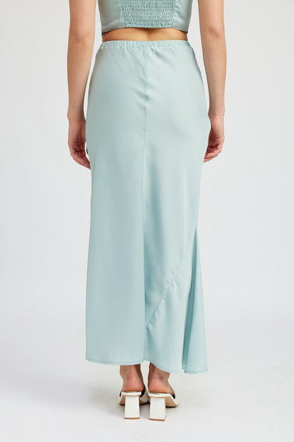 Automotive Jade Icarus satin midi skirt with tie front detail, showcasing smooth fabric and stylish design.