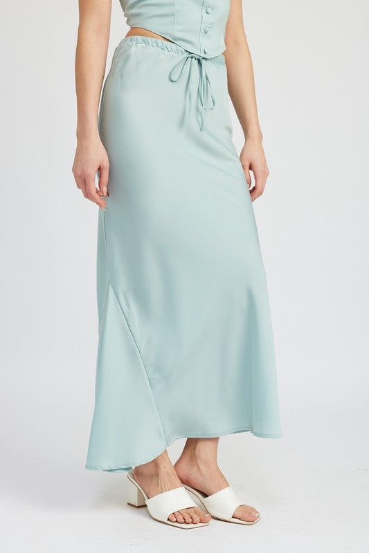 Satin tie-front midi skirt by Jade Icarus, featuring a sleek, shiny fabric and stylish tie detail at the waist.