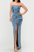 Urban Chic Denim Gown by Jade Icarus, automotive-themed denim gown with stylish details, displayed on a mannequin.