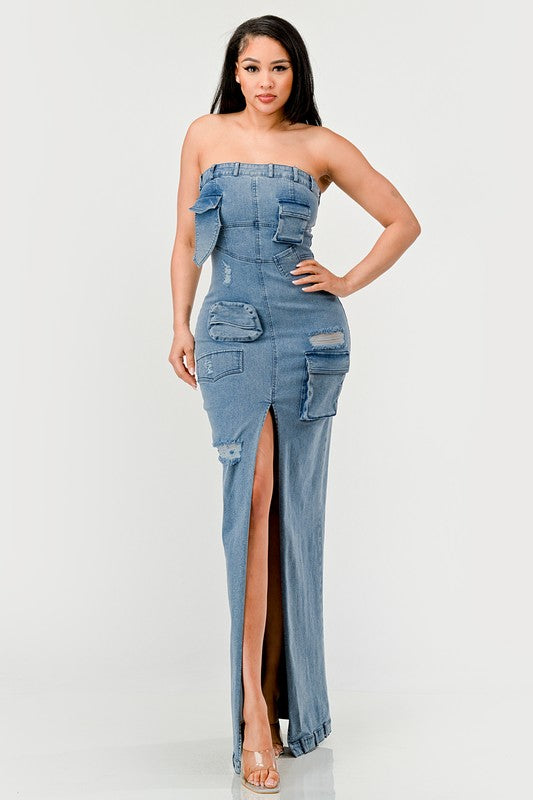 Urban Chic Denim Gown by Jade Icarus, automotive-themed denim gown with detailed stitching and stylish design.