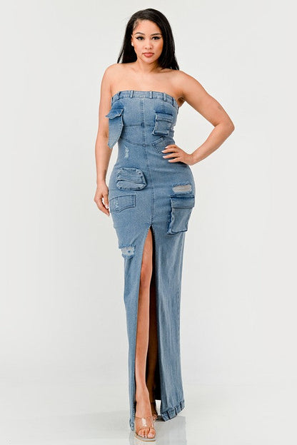 Urban Chic Denim Gown by Jade Icarus, automotive-themed denim gown with detailed stitching and stylish design.
