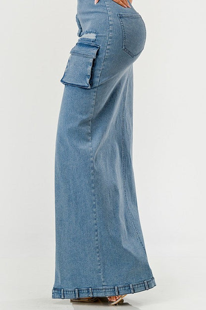 Urban Chic Denim Gown by Jade Icarus, automotive-themed design, showcasing a stylish denim gown with intricate detailing.