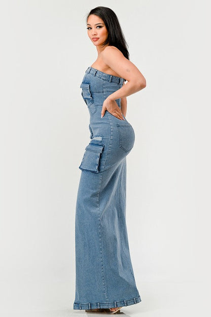 Urban Chic Denim Gown automotive by Jade Icarus, featuring sleek denim fabric and modern design details in a close-up view.