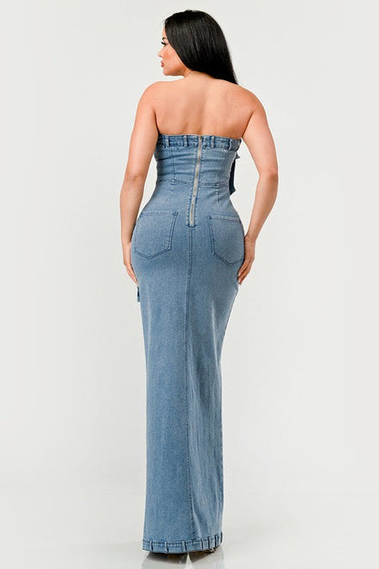 Urban Chic Denim Gown by Jade Icarus, automotive-themed denim gown with stylish design and detailed stitching.