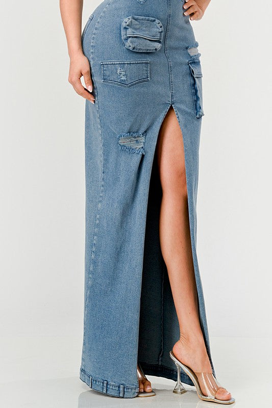 Urban Chic Denim Gown automotive by Jade Icarus, featuring a stylish denim design with detailed stitching and modern silhouette.
