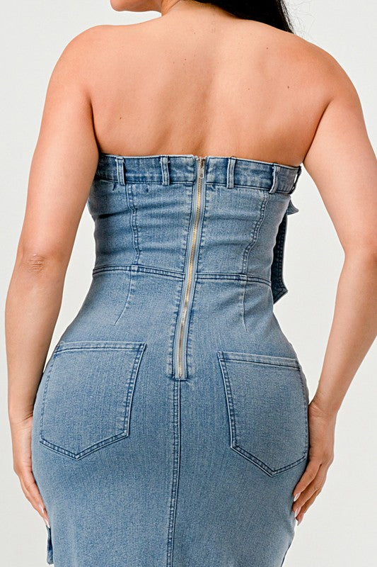 Automotive Jade Icarus Urban Chic Denim Gown with sleek design and detailed stitching, stylish and modern in appearance.