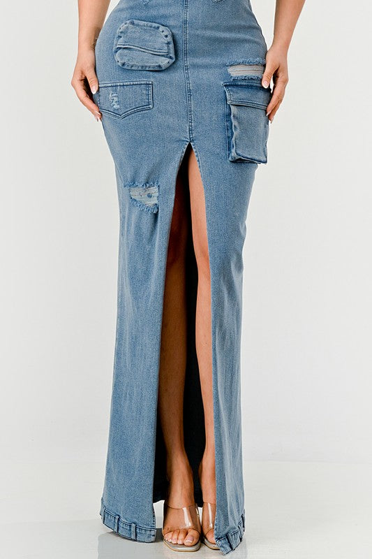 Urban Chic Denim Gown by Jade Icarus, automotive-themed denim gown with stylish design and intricate detailing.