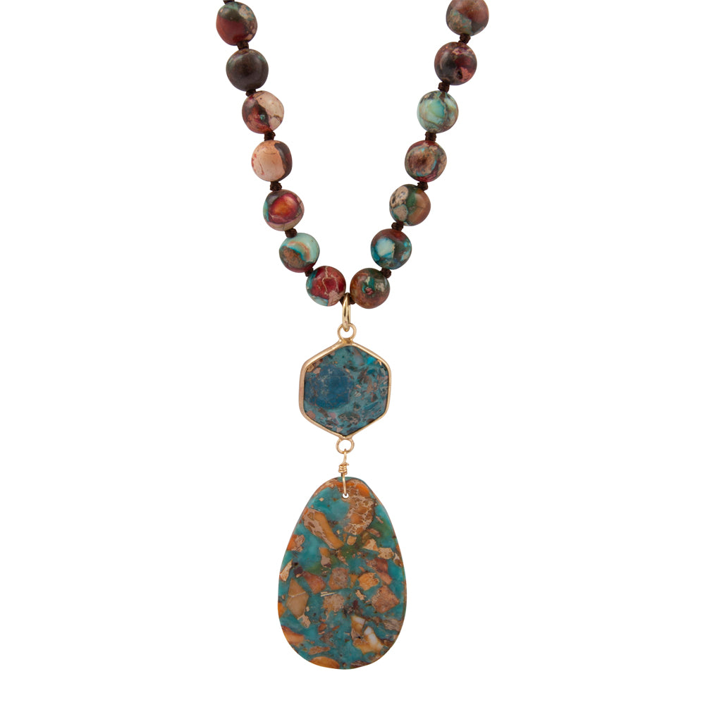 Rainbow Jasper long pendant necklace from Start2Finish jewelry featuring a vibrant, multicolored stone pendant on a delicate chain.