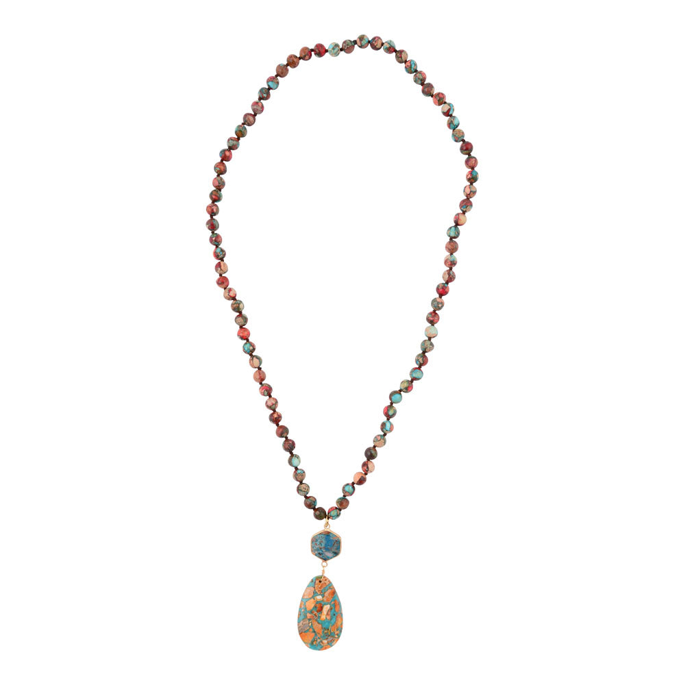 Rainbow Jasper long pendant necklace featuring a multicolored gemstone pendant on a silver chain, jewelry by Start2Finish.