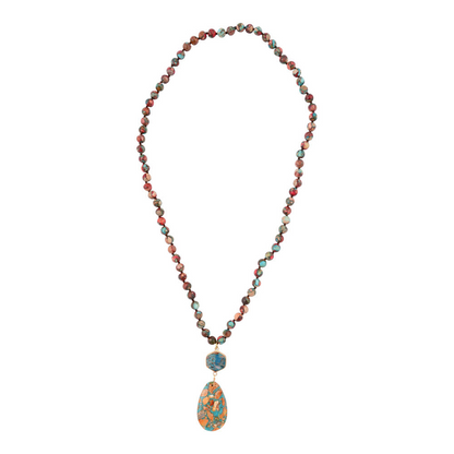 Rainbow Jasper long pendant necklace featuring a multicolored gemstone pendant on a silver chain, jewelry by Start2Finish.