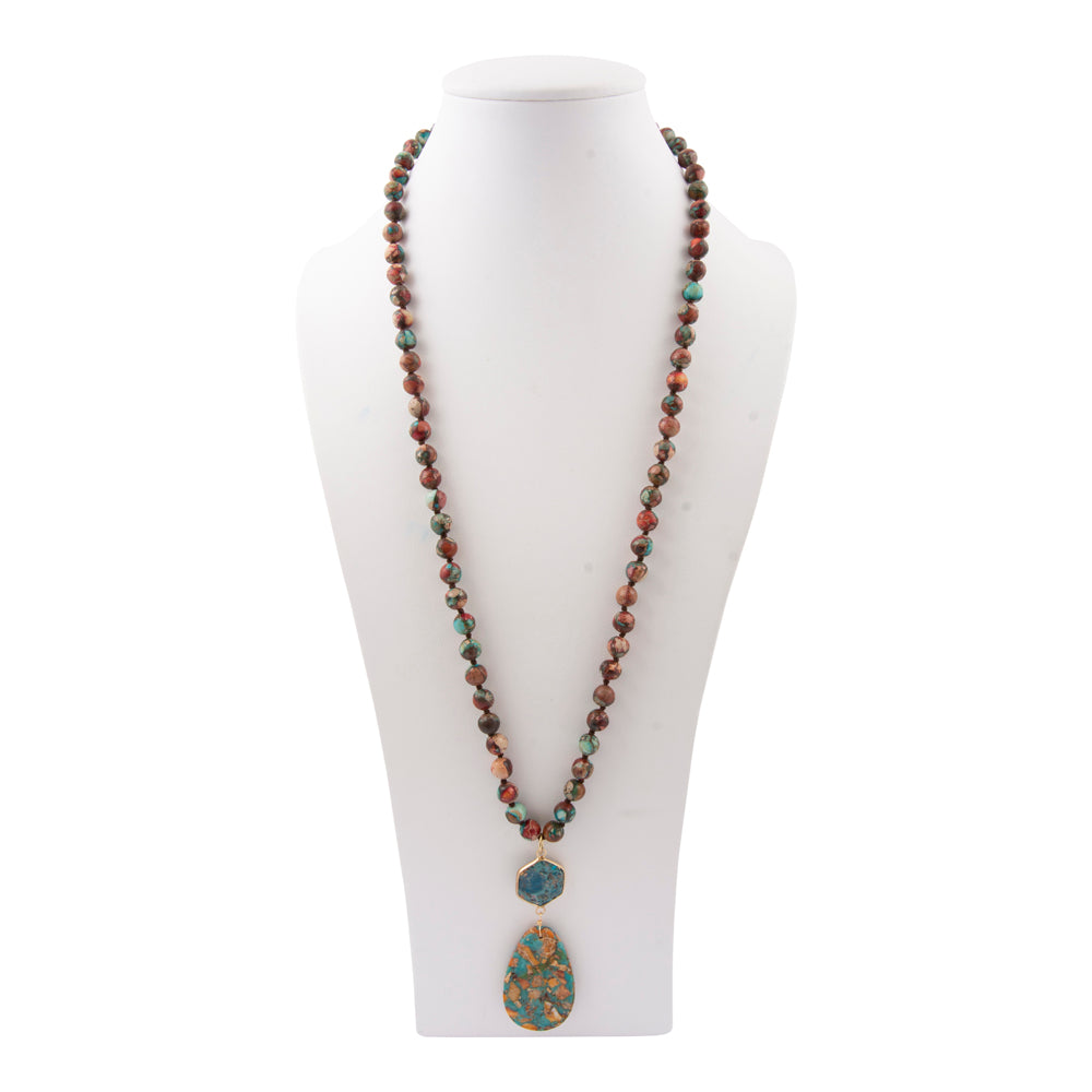 Colorful rainbow jasper long pendant necklace from Start2Finish featuring a polished, elongated stone on a delicate chain.