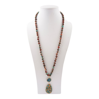 Colorful rainbow jasper long pendant necklace from Start2Finish featuring a polished, elongated stone on a delicate chain.