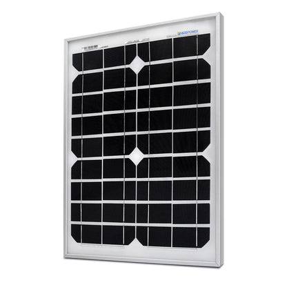 Fuchsia Rose 20 Watt 12 Volt monocrystalline solar panel for outdoor use, showing the black panel with solar cells and mounting frame.