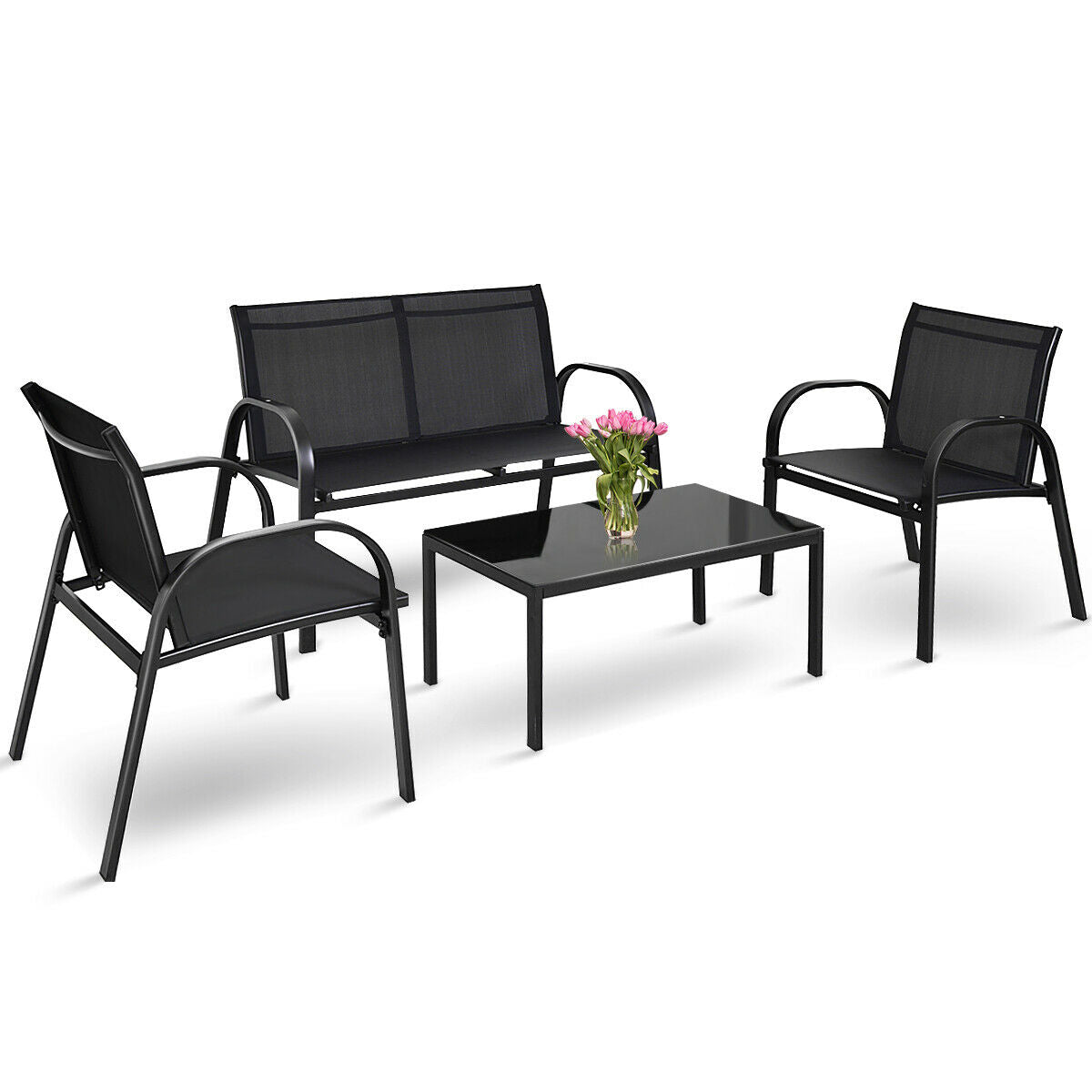 Emerald Caeneus 4-piece patio bistro furniture set with metal table and chairs for outdoor garden and patio use.