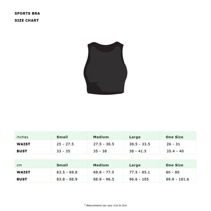 Red Medusa Zilu sports bra from activewear collection, shown with size chart and measurement details.
